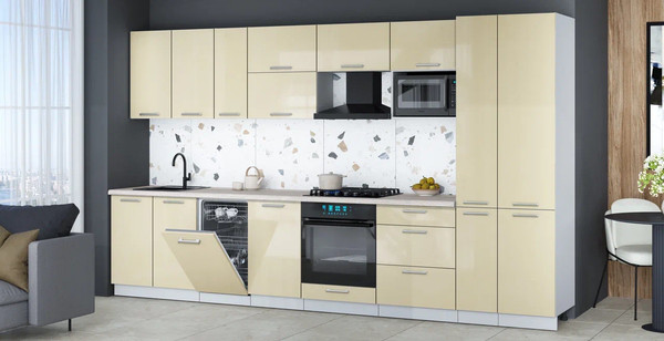 Изображение товара Кухонный гарнитур Интерлиния Мила Gloss 3.6-ПМ4 (ваниль глянец/ваниль глянец/травертин серый)