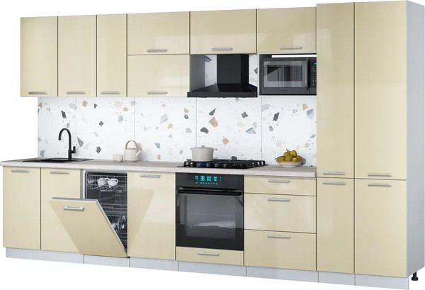 Изображение товара Кухонный гарнитур Интерлиния Мила Gloss 3.6-ПМ4 (ваниль глянец/ваниль глянец/травертин серый)