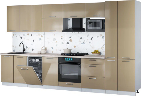 Изображение товара Кухонный гарнитур Интерлиния Мила Gloss 3.6-ПМ4 (капучино глянец/капучино глянец/бискайская сосна)