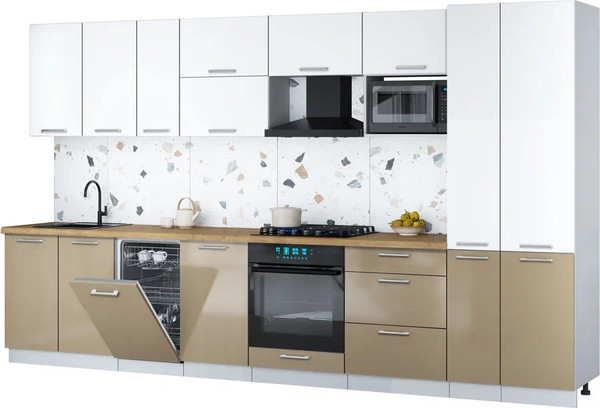 Изображение товара Кухонный гарнитур Интерлиния Мила Gloss 3.6-ПМ4 (капучино глянец/белый/дуб бунратти)