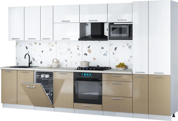 Изображение товара Кухонный гарнитур Интерлиния Мила Gloss 3.6-ПМ4 (капучино глянец/белый глянец/опал светлый)