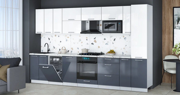 Изображение товара Кухонный гарнитур Интерлиния Мила Gloss 3.4-ПМ4 (асфальт глянец/белый глянец/белый гранит)