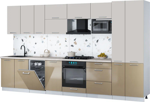 Изображение товара Кухонный гарнитур Интерлиния Мила Gloss 3.6-ПМ4 (капучино глянец/кашемир/травертин серый)