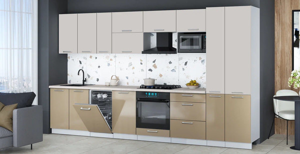 Изображение товара Кухонный гарнитур Интерлиния Мила Gloss 3.6-ПМ4 (капучино глянец/кашемир/травертин серый)