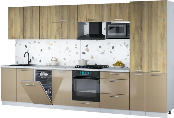 Изображение товара Кухонный гарнитур Интерлиния Мила Gloss 3.6-ПМ4 (капучино глянец/дуб вотан/серый каспий)