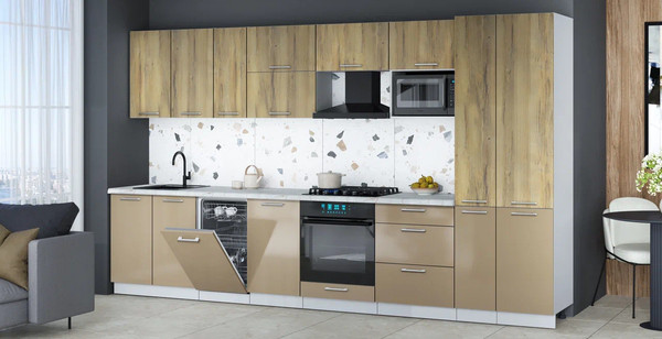 Изображение товара Кухонный гарнитур Интерлиния Мила Gloss 3.6-ПМ4 (капучино глянец/дуб вотан/серый каспий)