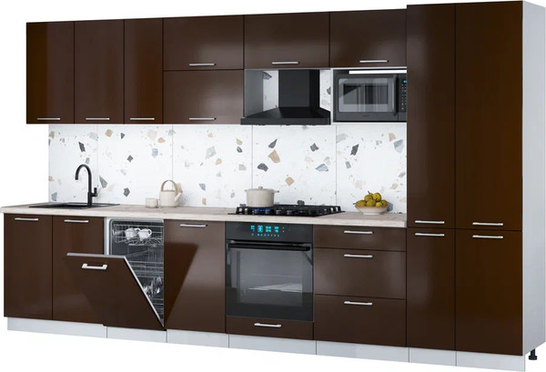 Изображение товара Кухонный гарнитур Интерлиния Мила Gloss 3.6-ПМ4 (шоколад глянец/шоколад глянец/бискайская сосна)