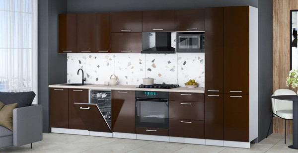 Изображение товара Кухонный гарнитур Интерлиния Мила Gloss 3.6-ПМ4 (шоколад глянец/шоколад глянец/бискайская сосна)