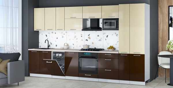 Изображение товара Кухонный гарнитур Интерлиния Мила Gloss 3.6-ПМ4 (шоколад глянец/ваниль глянец/травертин серый)