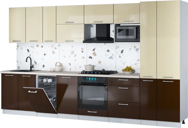 Изображение товара Кухонный гарнитур Интерлиния Мила Gloss 3.6-ПМ4 (шоколад глянец/ваниль глянец/травертин серый)