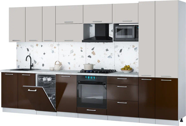 Изображение товара Кухонный гарнитур Интерлиния Мила Gloss 3.6-ПМ4 (шоколад глянец/кашемир/серый каспий)