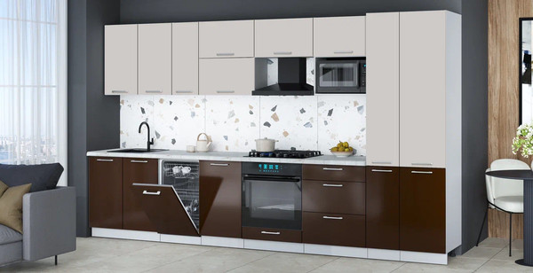 Изображение товара Кухонный гарнитур Интерлиния Мила Gloss 3.6-ПМ4 (шоколад глянец/кашемир/серый каспий)