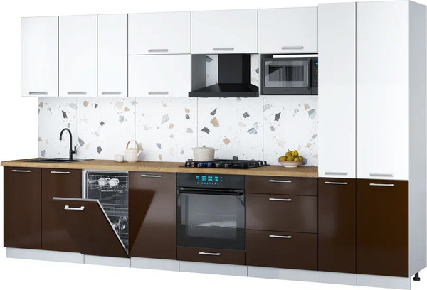 Изображение товара Кухонный гарнитур Интерлиния Мила Gloss 3.6-ПМ4 (шоколад глянец/белый/дуб бунратти)