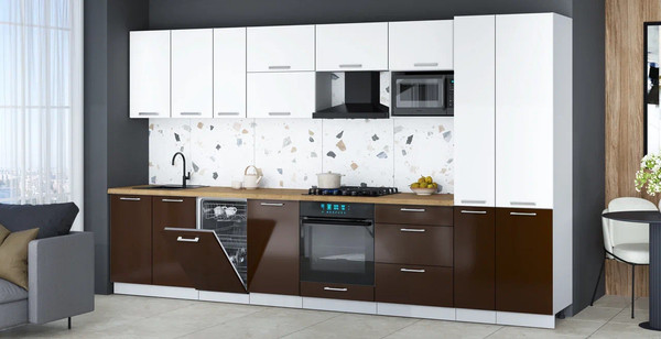 Изображение товара Кухонный гарнитур Интерлиния Мила Gloss 3.6-ПМ4 (шоколад глянец/белый/дуб бунратти)