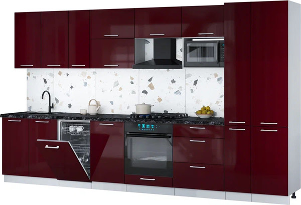 Изображение товара Кухонный гарнитур Интерлиния Мила Gloss 3.6-ПМ4 (бордовый глянец/бордовый глянец/кастилло темный)