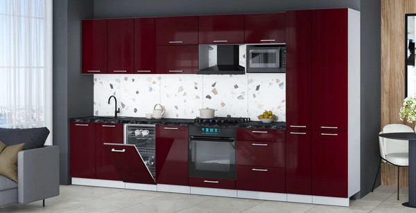 Изображение товара Кухонный гарнитур Интерлиния Мила Gloss 3.6-ПМ4 (бордовый глянец/бордовый глянец/кастилло темный)