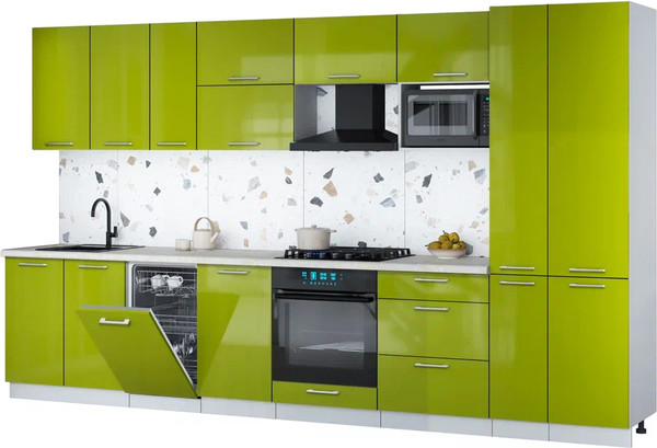 Изображение товара Кухонный гарнитур Интерлиния Мила Gloss 3.6-ПМ4 (яблоко глянец/яблоко глянец/опал светлый)