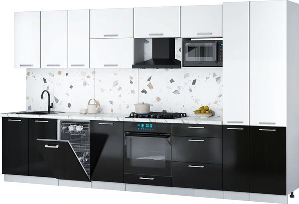 Изображение товара Кухонный гарнитур Интерлиния Мила Gloss 3.6-ПМ4 (черный глянец/белый/белый гранит)