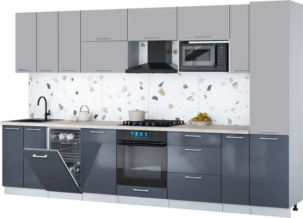 Изображение товара Кухонный гарнитур Интерлиния Мила Gloss 3.4-ПМ4 (асфальт глянец/грей/бискайская сосна)