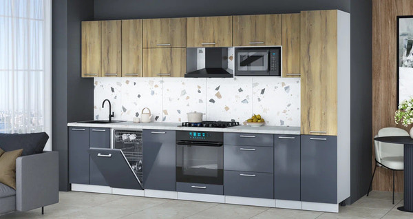 Изображение товара Кухонный гарнитур Интерлиния Мила Gloss 3.4-ПМ4 (асфальт глянец/дуб вотан/серый каспий)