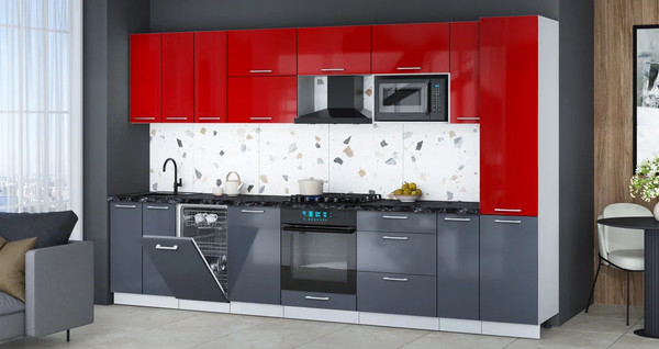 Изображение товара Кухонный гарнитур Интерлиния Мила Gloss 3.4-ПМ4 (асфальт глянец/красный глянец/кастилло темный)