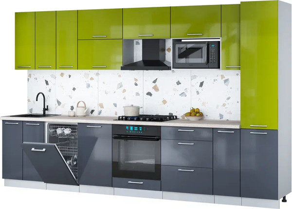 Изображение товара Кухонный гарнитур Интерлиния Мила Gloss 3.4-ПМ4 (асфальт глянец/яблоко глянец/травертин серый)