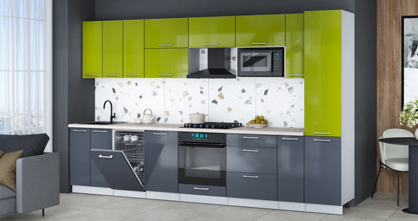 Изображение товара Кухонный гарнитур Интерлиния Мила Gloss 3.4-ПМ4 (асфальт глянец/яблоко глянец/травертин серый)