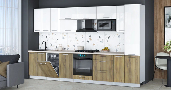 Изображение товара Кухонный гарнитур Интерлиния Мила Gloss 3.4-ПМ4 (дуб вотан/белый глянец/травертин серый)