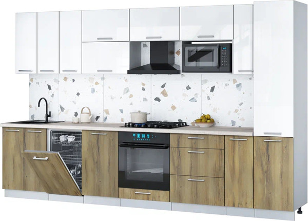 Изображение товара Кухонный гарнитур Интерлиния Мила Gloss 3.4-ПМ4 (дуб вотан/белый глянец/травертин серый)