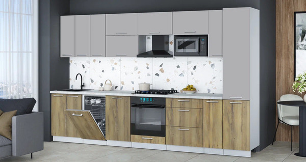 Изображение товара Кухонный гарнитур Интерлиния Мила Gloss 3.4-ПМ4 (дуб вотан/грей/серый каспий)