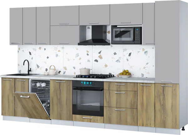 Изображение товара Кухонный гарнитур Интерлиния Мила Gloss 3.4-ПМ4 (дуб вотан/грей/серый каспий)