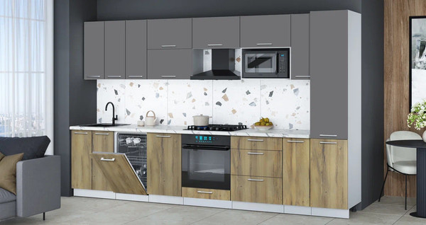 Изображение товара Кухонный гарнитур Интерлиния Мила Gloss 3.4-ПМ4 (дуб вотан/серый/белый гранит)