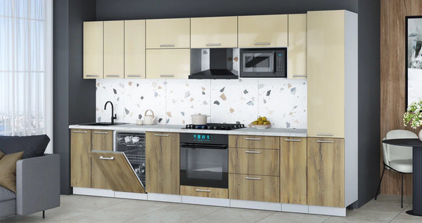 Изображение товара Кухонный гарнитур Интерлиния Мила Gloss 3.4-ПМ4 (дуб вотан/ваниль глянец/серый каспий)