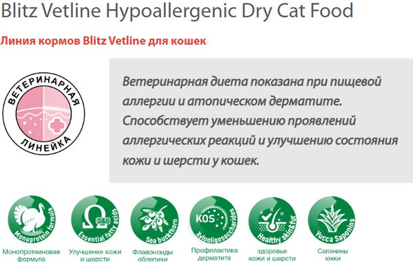 Изображение товара Сухой корм для кошек Blitz Pets Vetline Hypoallergenic с индейкой / 4453В (400г)