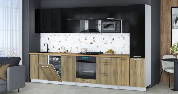 Изображение товара Кухонный гарнитур Интерлиния Мила Gloss 3.4-ПМ4 (дуб вотан/черный глянец/дуб бунратти)