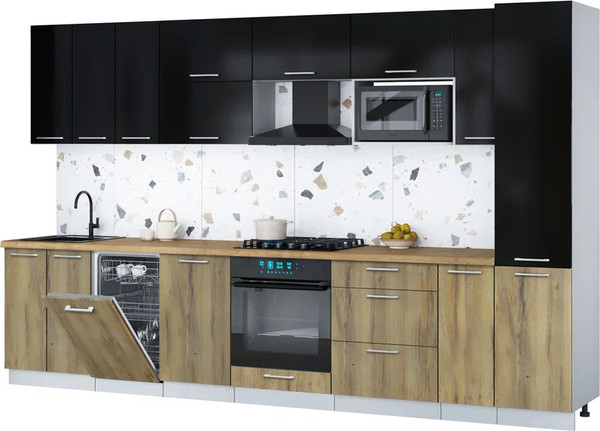 Изображение товара Кухонный гарнитур Интерлиния Мила Gloss 3.4-ПМ4 (дуб вотан/черный глянец/дуб бунратти)