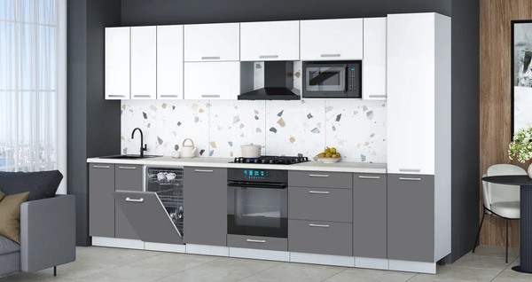 Изображение товара Кухонный гарнитур Интерлиния Мила Gloss 3.4-ПМ4 (серый/белый/опал светлый)