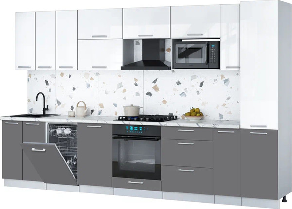 Изображение товара Кухонный гарнитур Интерлиния Мила Gloss 3.4-ПМ4 (серый/белый глянец/белый гранит)