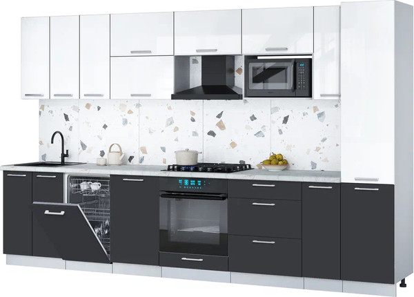 Изображение товара Кухонный гарнитур Интерлиния Мила Gloss 3.4-ПМ4 (пепел/белый глянец/серый каспий)