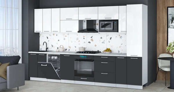 Изображение товара Кухонный гарнитур Интерлиния Мила Gloss 3.4-ПМ4 (пепел/белый глянец/серый каспий)