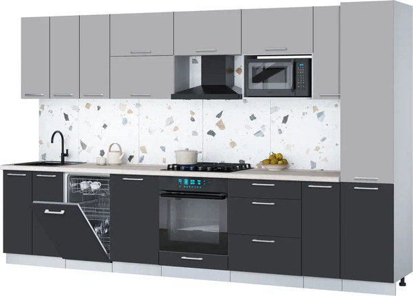 Изображение товара Кухонный гарнитур Интерлиния Мила Gloss 3.4-ПМ4 (пепел/грей/травертин серый)