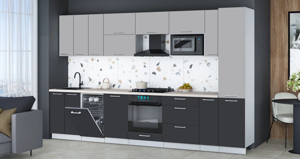 Изображение товара Кухонный гарнитур Интерлиния Мила Gloss 3.4-ПМ4 (пепел/грей/травертин серый)