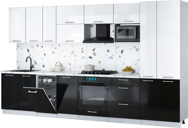 Изображение товара Кухонный гарнитур Интерлиния Мила Gloss 3.6-ПМ4 (черный глянец/белый глянец/белый гранит)