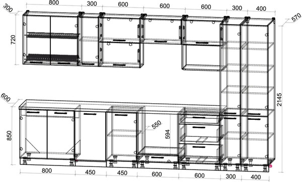 Изображение товара Кухонный гарнитур Интерлиния Мила Gloss 3.6-ПМ4 (черный глянец/белый глянец/белый гранит)