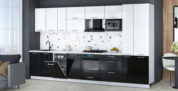 Изображение товара Кухонный гарнитур Интерлиния Мила Gloss 3.6-ПМ4 (черный глянец/белый глянец/белый гранит)