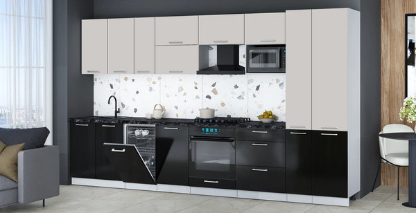 Изображение товара Кухонный гарнитур Интерлиния Мила Gloss 3.6-ПМ4 (черный глянец/кашемир/кастилло темный)