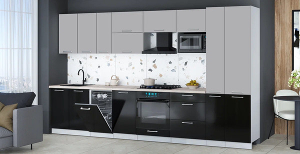 Изображение товара Кухонный гарнитур Интерлиния Мила Gloss 3.6-ПМ4 (черный глянец/грей/бискайская сосна)