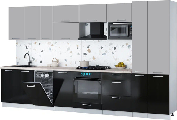 Изображение товара Кухонный гарнитур Интерлиния Мила Gloss 3.6-ПМ4 (черный глянец/грей/бискайская сосна)