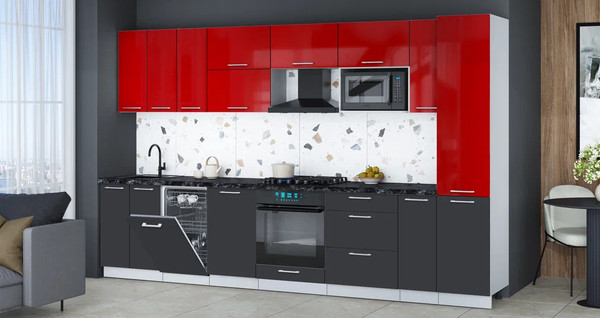Изображение товара Кухонный гарнитур Интерлиния Мила Gloss 3.4-ПМ4 (пепел/красный глянец/кастилло темный)