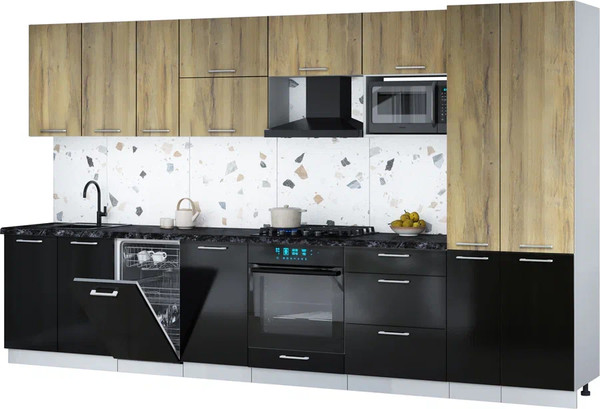 Изображение товара Кухонный гарнитур Интерлиния Мила Gloss 3.6-ПМ4 (черный глянец/дуб вотан/кастилло темный)